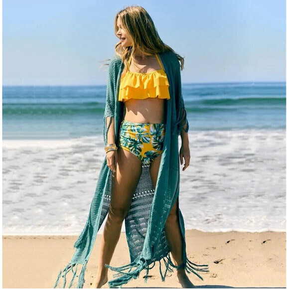 Tasseled Cardigan Swimsuit Coverup In Dusty Blue - Picture 1 of 4